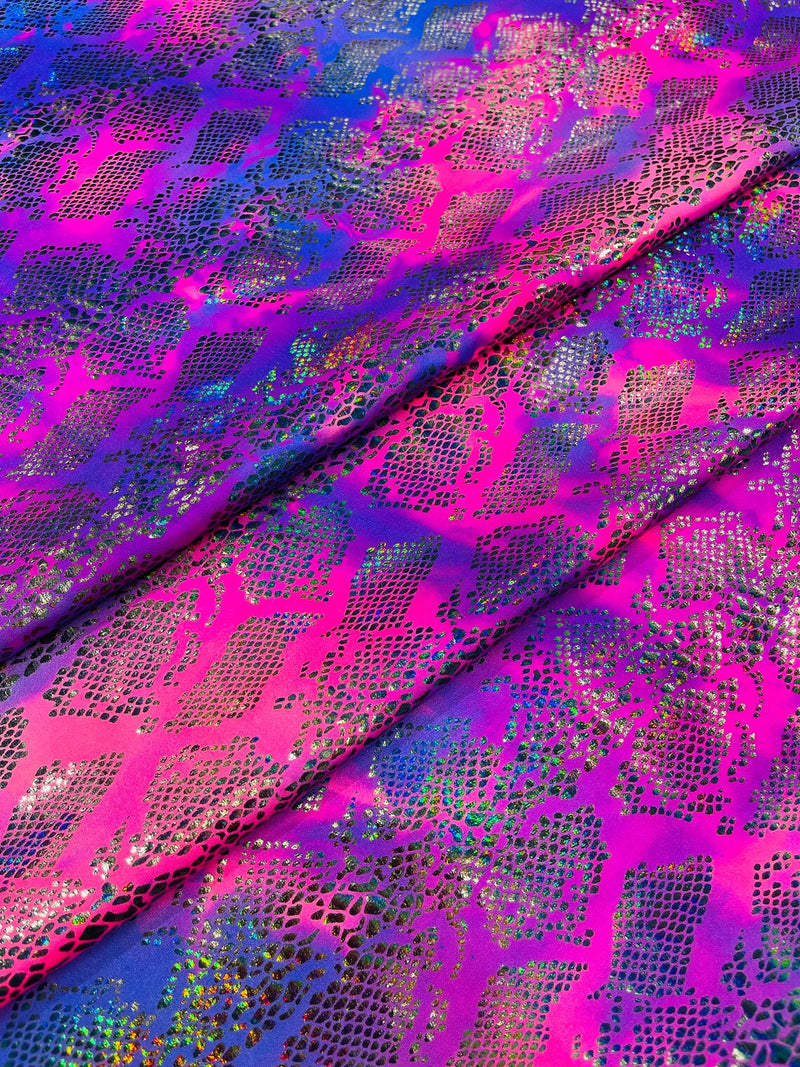 Cobra Spandex Foil Fabric - Purple / Hot Pink - Foiled Snake Cobra Design on Tie Dye Spandex Fabric By Yard