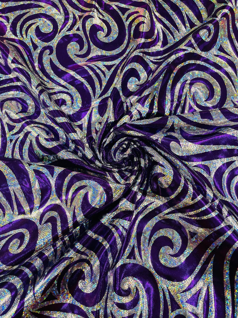 Tribal Swirl Design Spandex - Purple / Silver - 4 Way Stretch Milliskin Holographic Fabric by Yard