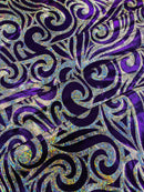 Tribal Swirl Design Spandex - Purple / Silver - 4 Way Stretch Milliskin Holographic Fabric by Yard