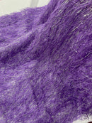 Metallic Fringe Eyelash / Feather - Purple / Silver - Embroidered Fabric with Hanging Details 2 Way Stretch By Yard