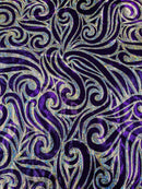 Tribal Swirl Design Spandex - Purple / Silver - 4 Way Stretch Milliskin Holographic Fabric by Yard