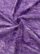 Metallic Fringe Eyelash / Feather - Purple / Silver - Embroidered Fabric with Hanging Details 2 Way Stretch By Yard