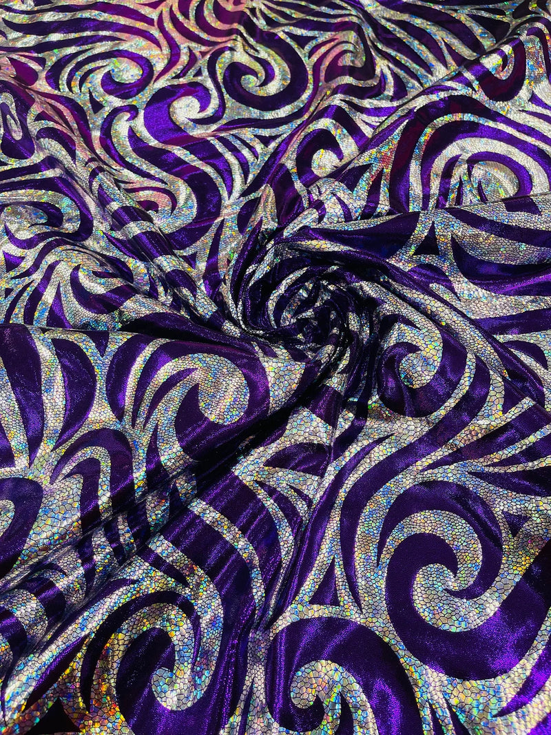 Tribal Swirl Design Spandex - Purple / Silver - 4 Way Stretch Milliskin Holographic Fabric by Yard