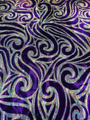 Tribal Swirl Design Spandex - Purple / Silver - 4 Way Stretch Milliskin Holographic Fabric by Yard