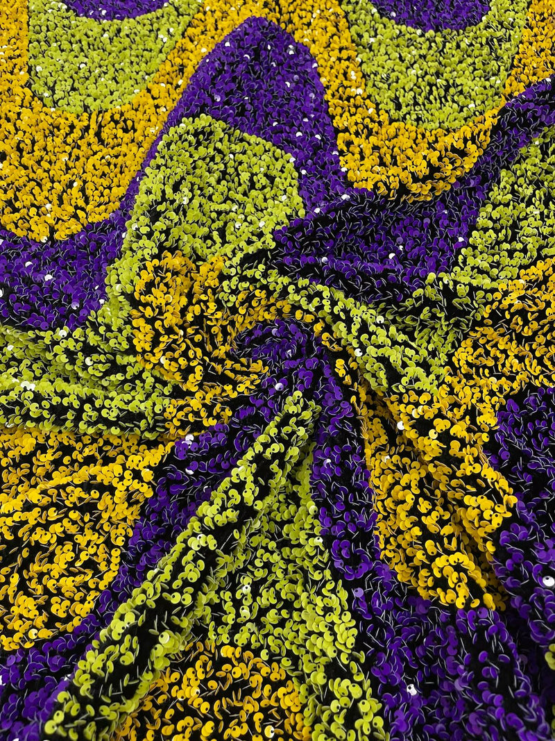 Wavy Line Design Velvet Sequins - Purple/Yellow/Green - Velvet Sequins Fabric 2 Way Stretch 58"- 60" By Yard