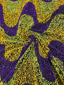 Wavy Line Design Velvet Sequins - Purple/Yellow/Green - Velvet Sequins Fabric 2 Way Stretch 58"- 60" By Yard