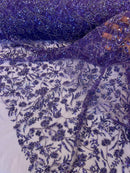 Floral Plant Bead Design - Purple - Beaded Flower Plants Embroidered  Sequins Fabric By Yard