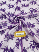Floral Cluster Corded Fabric - Purple - Fancy Flower Embroidery Lace Mesh Fabric By Yard