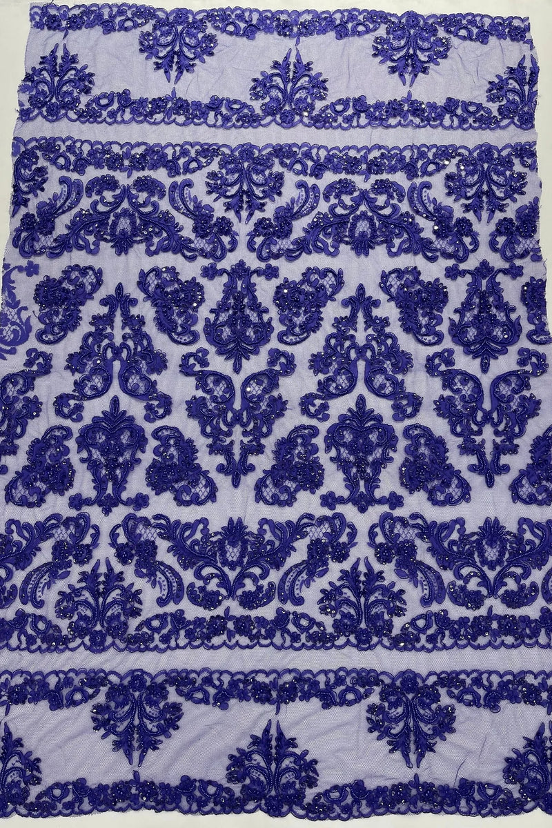My Lady Beaded Fabric - Purple - Damask Beaded Sequins Embroidered Fabric By Yard