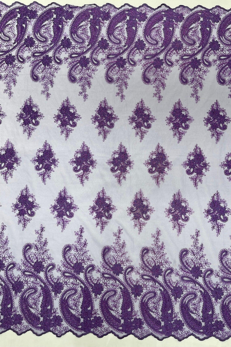 Metallic Paisley Floral Lace - Purple - Corded Floral Lace with Metallic Thread on Mesh By Yard