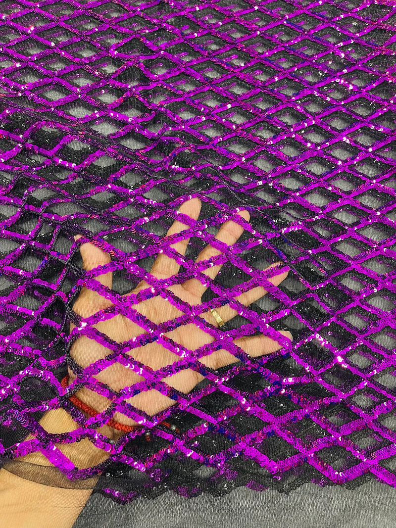 Diamond Net Sequins Fabric - Purple - Geometric Diamond Net Design on Mesh Lace Fabric By Yard