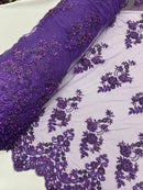 Floral Cluster Beaded Fabric - Purple - Embroidered Flower Beaded Fabric Sold By Yard