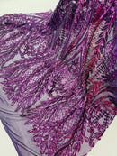 Mermaid Design Fabric - Purple - 4 Way Stretch Sequins Fabric on Lace Mesh Sold By Yard