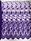 3D Scalloped Floral Fabric - Purple - Embroidered Floral Design on Lace Sold By Yard