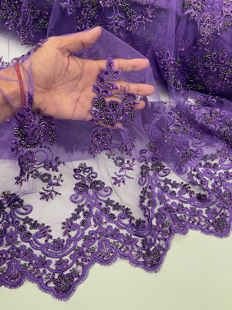 Floral Cluster Beaded Fabric - Purple - Embroidered Flower Beaded Fabric Sold By Yard