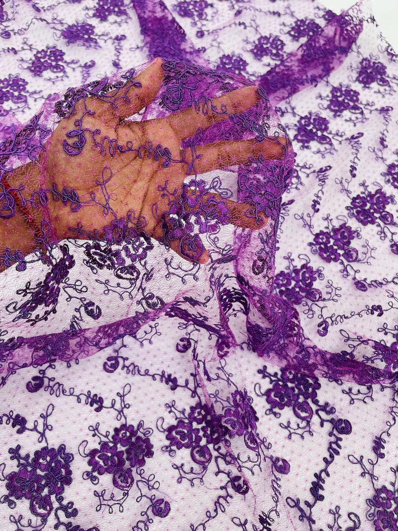 Jasmine Flower Fabric - Purple - Embroidered Floral Design Lace Mesh Bridal Fabric By Yard