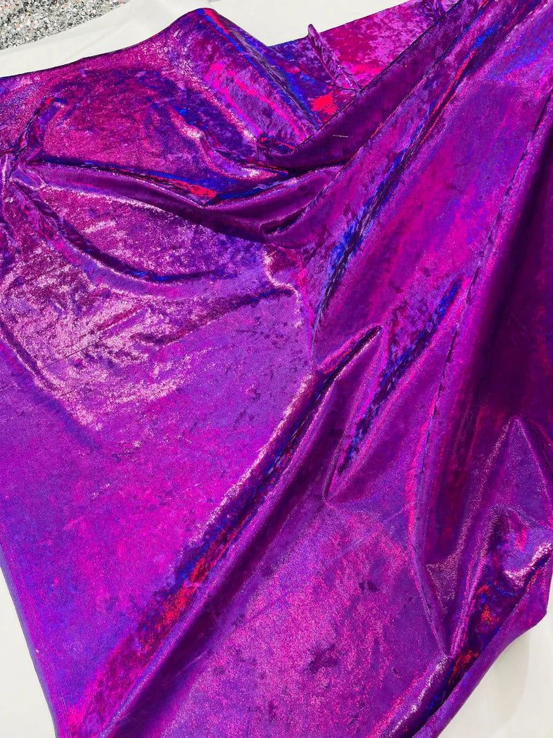 Foggy Foil Velvet Fabric - Purple - Oil Slick 4 Way Stretch Foil Velvet Fabric By Yard