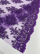 Isabela Design - Purple - Embroidery Beaded Fabric With Sequin on a Mesh Fabric by the yard