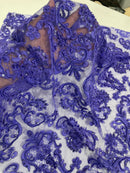 My Lady Beaded Fabric - Purple - Damask Beaded Sequins Embroidered Fabric By Yard