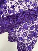 3D Scalloped Floral Fabric - Purple - Embroidered Floral Design on Lace Sold By Yard