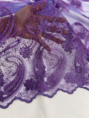 Metallic Paisley Floral Lace - Purple - Corded Floral Lace with Metallic Thread on Mesh By Yard