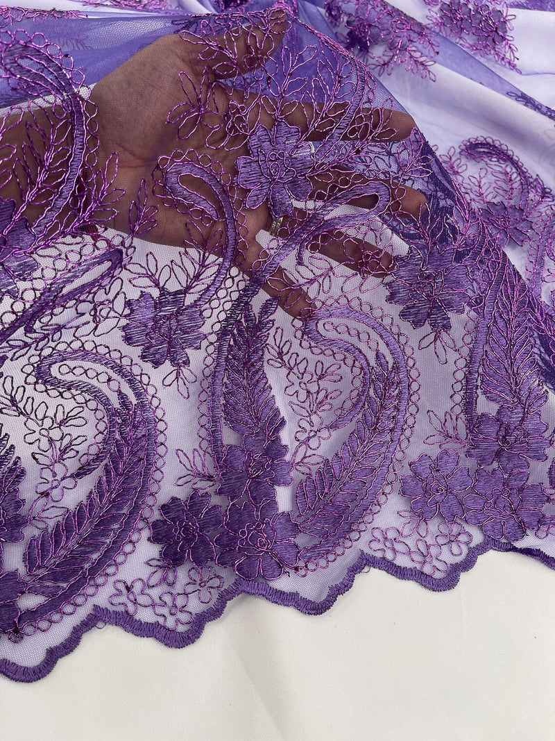 Metallic Paisley Floral Lace - Purple - Corded Floral Lace with Metallic Thread on Mesh By Yard