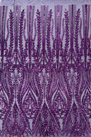 Mermaid Design Fabric - Purple - 4 Way Stretch Sequins Fabric on Lace Mesh Sold By Yard
