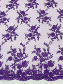 Floral Cluster Corded Fabric - Purple - Fancy Flower Embroidery Lace Mesh Fabric By Yard