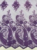 Metallic Paisley Floral Lace - Purple - Corded Floral Lace with Metallic Thread on Mesh By Yard