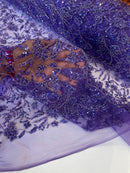 Floral Plant Bead Design - Purple - Beaded Flower Plants Embroidered  Sequins Fabric By Yard