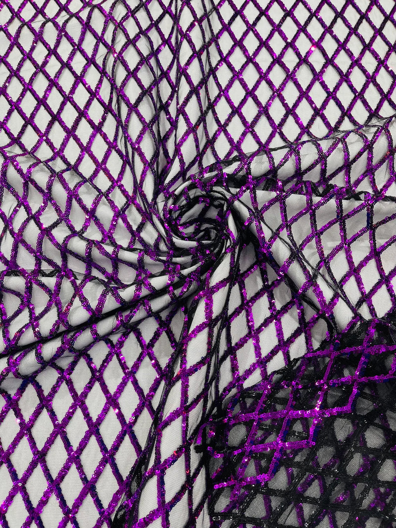 Diamond Net Sequins Fabric - Purple - Geometric Diamond Net Design on Mesh Lace Fabric By Yard