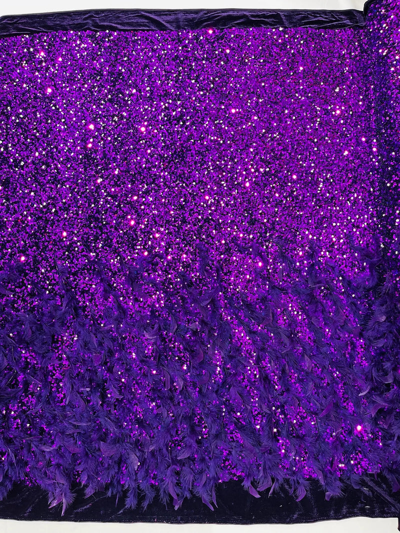 Feather Sequin Velvet Fabric - Purple - 5mm Sequins Velvet 2 Way Stretch 58/60" Fabric By Yard