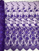 3D Scalloped Floral Fabric - Purple - Embroidered Floral Design on Lace Sold By Yard