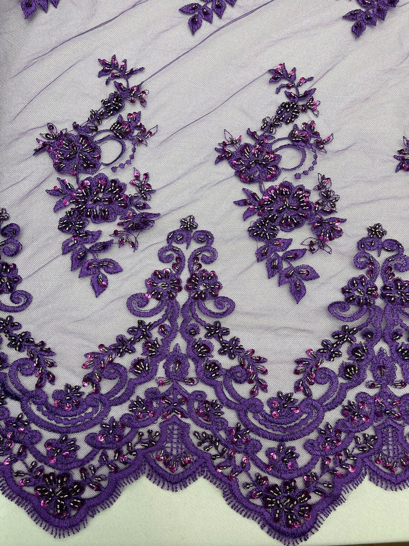 Floral Cluster Beaded Fabric - Purple - Embroidered Flower Beaded Fabric Sold By Yard