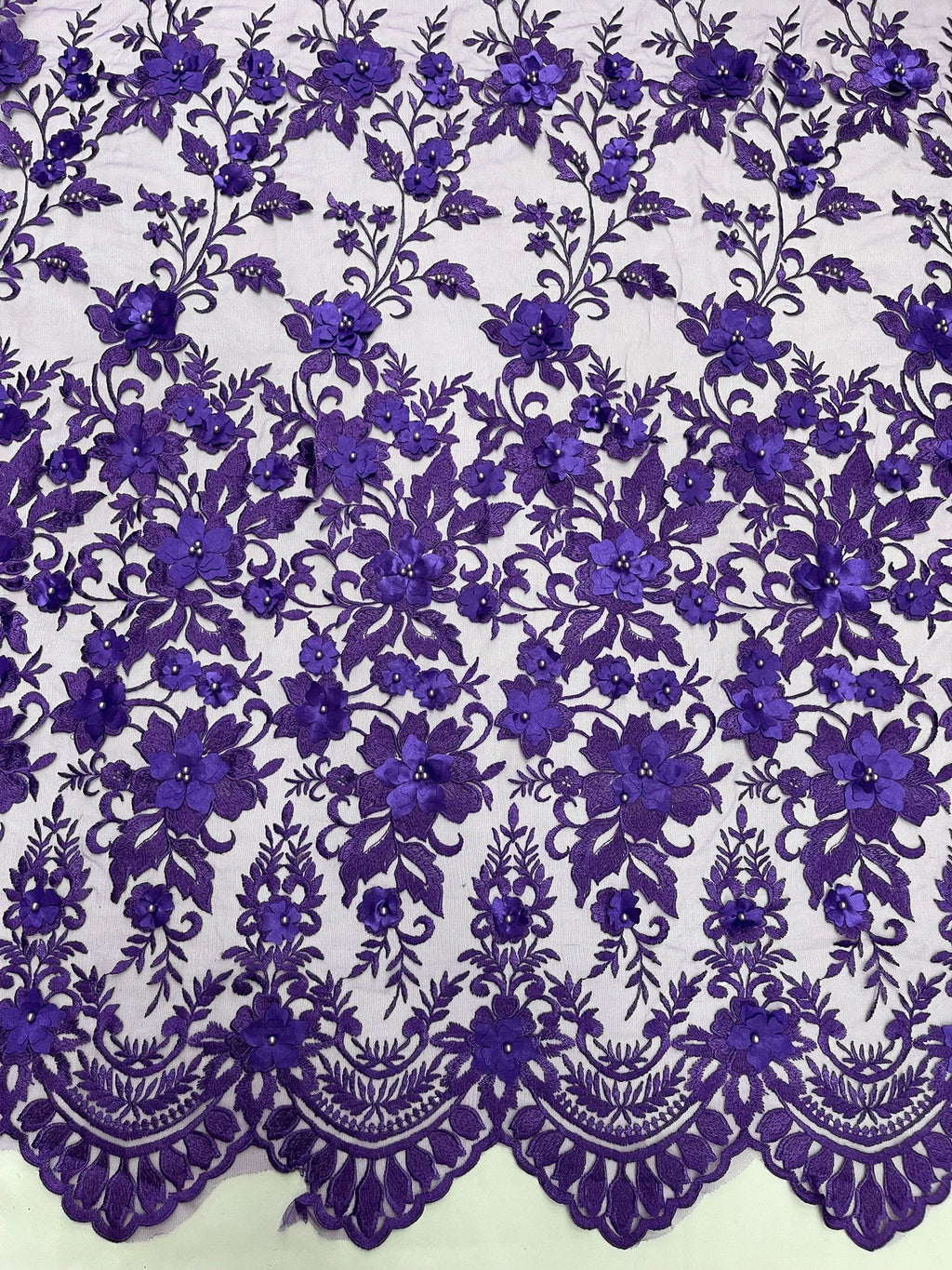 3D Scalloped Floral Fabric - Purple - Embroidered Floral Design on Lac