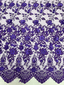 3D Scalloped Floral Fabric - Purple - Embroidered Floral Design on Lace Sold By Yard