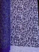 Floral Plant Bead Design - Purple - Beaded Flower Plants Embroidered  Sequins Fabric By Yard