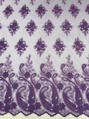 Metallic Paisley Floral Lace - Purple - Corded Floral Lace with Metallic Thread on Mesh By Yard