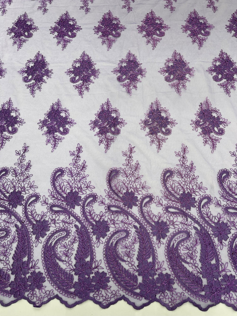 Metallic Paisley Floral Lace - Purple - Corded Floral Lace with Metallic Thread on Mesh By Yard