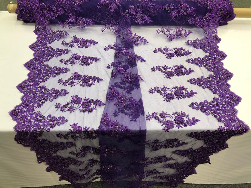 Floral Cluster Beaded Fabric - Purple - Embroidered Flower Beaded Fabric Sold By Yard