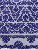 My Lady Beaded Fabric - Purple - Damask Beaded Sequins Embroidered Fabric By Yard