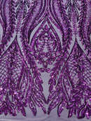 Mermaid Design Fabric - Purple - 4 Way Stretch Sequins Fabric on Lace Mesh Sold By Yard