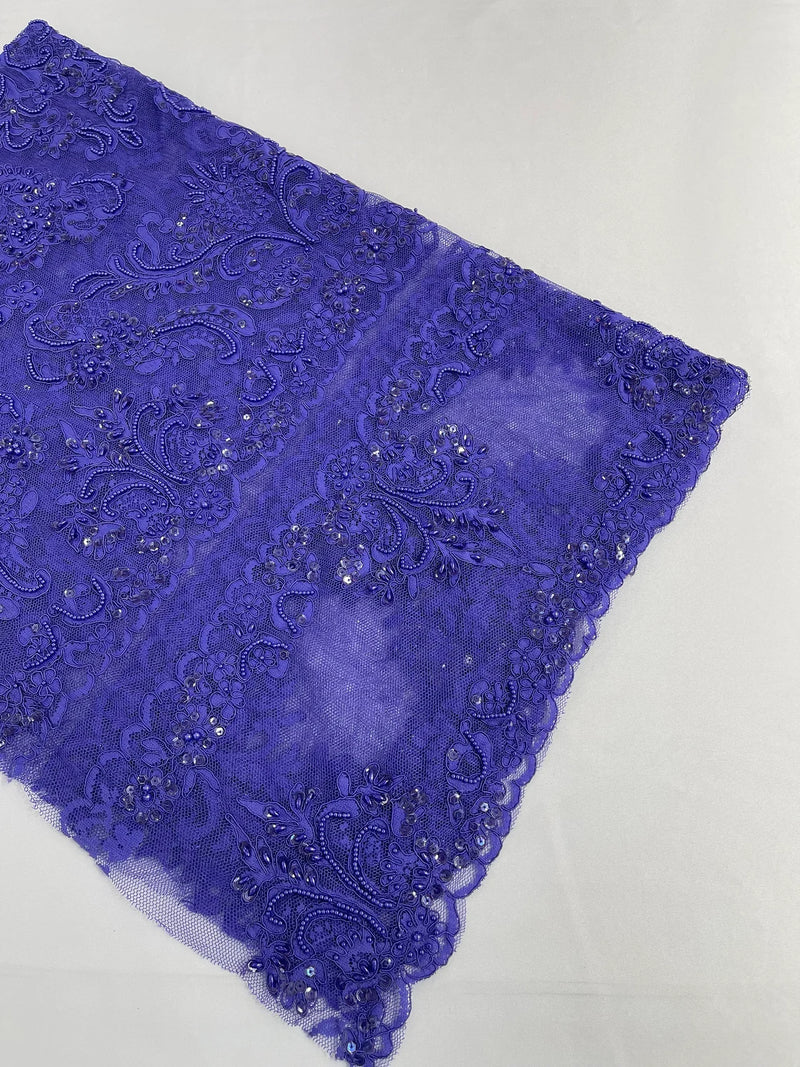 My Lady Beaded Fabric - Purple - Damask Beaded Sequins Embroidered Fabric By Yard