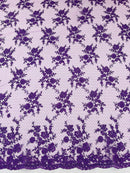 Floral Cluster Corded Fabric - Purple - Fancy Flower Embroidery Lace Mesh Fabric By Yard