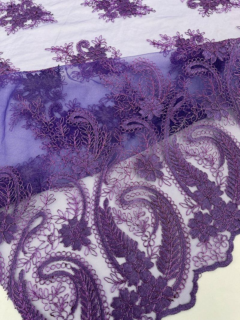 Metallic Paisley Floral Lace - Purple - Corded Floral Lace with Metallic Thread on Mesh By Yard