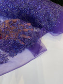 Floral Plant Bead Design - Purple - Beaded Flower Plants Embroidered  Sequins Fabric By Yard