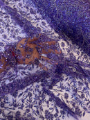 Floral Plant Bead Design - Purple - Beaded Flower Plants Embroidered  Sequins Fabric By Yard