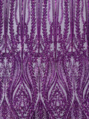 Mermaid Design Fabric - Purple - 4 Way Stretch Sequins Fabric on Lace Mesh Sold By Yard