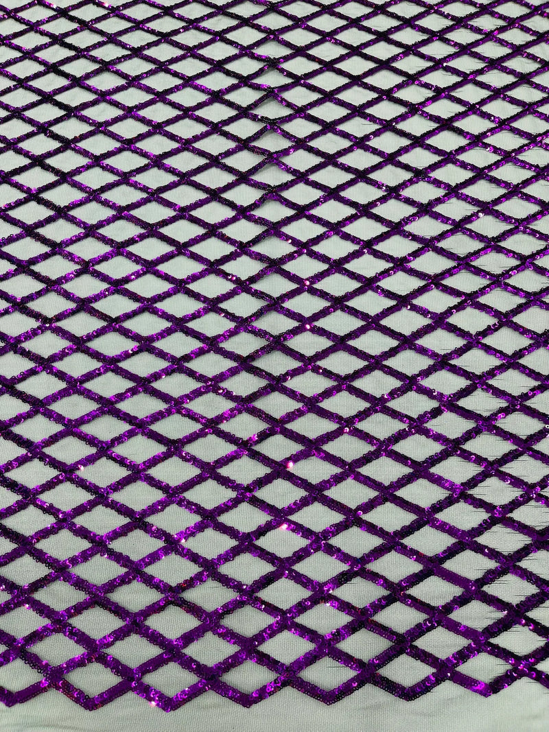 Diamond Net Sequins Fabric - Purple - Geometric Diamond Net Design on Mesh Lace Fabric By Yard