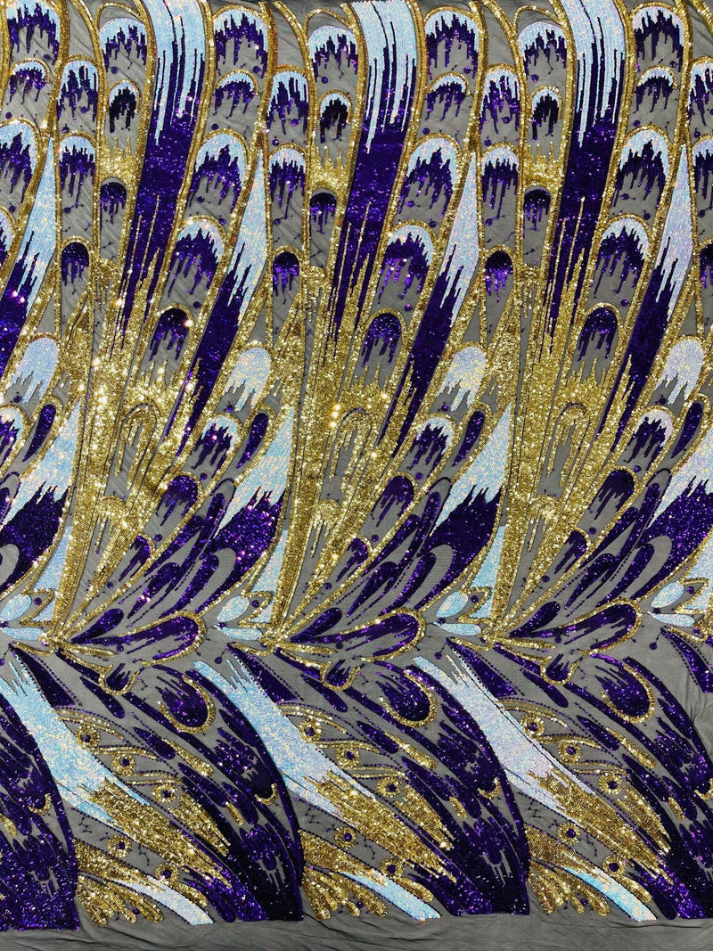 Olivia Sequins Design - Purple / Aqua / Gold - 4 Way Stretch Multi Color Sequin Fabric on Mesh Sold By Yard